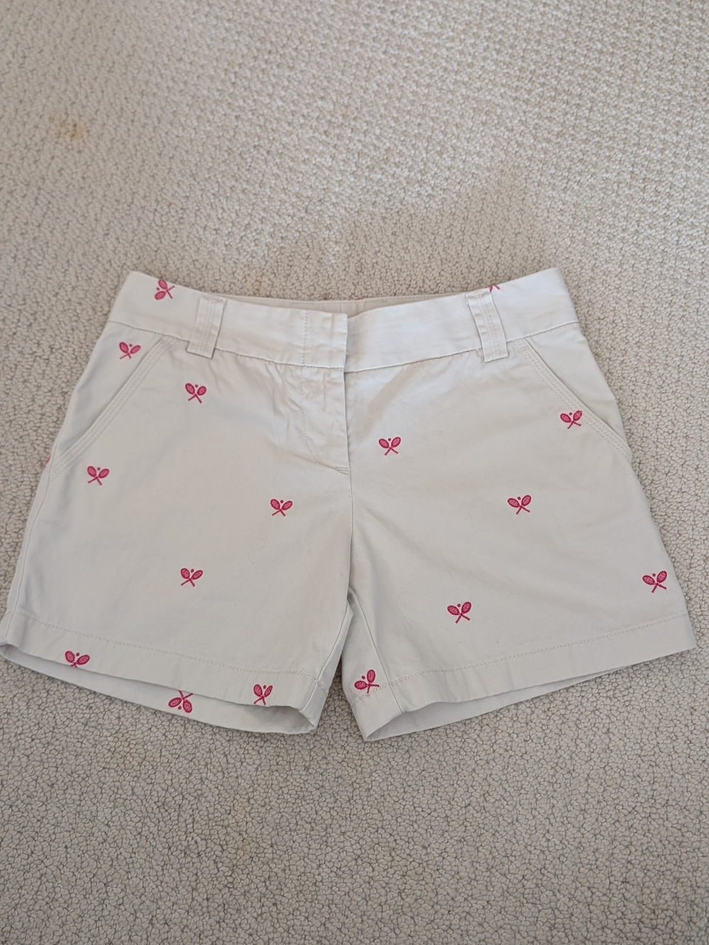 J. Crew Cream Shorts with Pink Tennis Racket Embroidery, Size 2